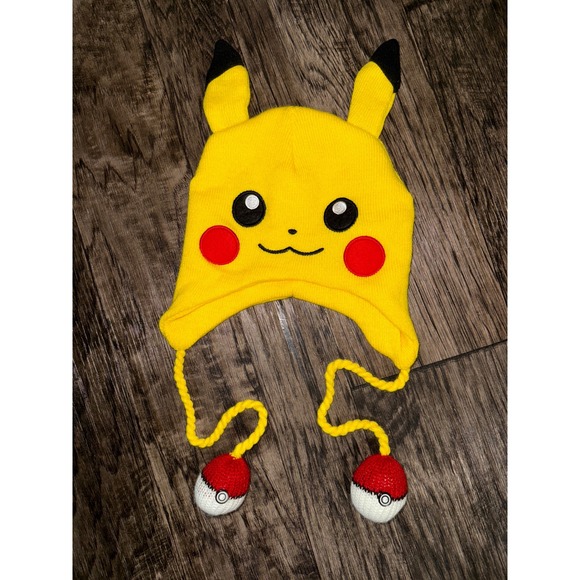 Pokemon Pikachu Hat Knit Winter Beanie with Pokeball Dangles Kids - Picture 1 of 2